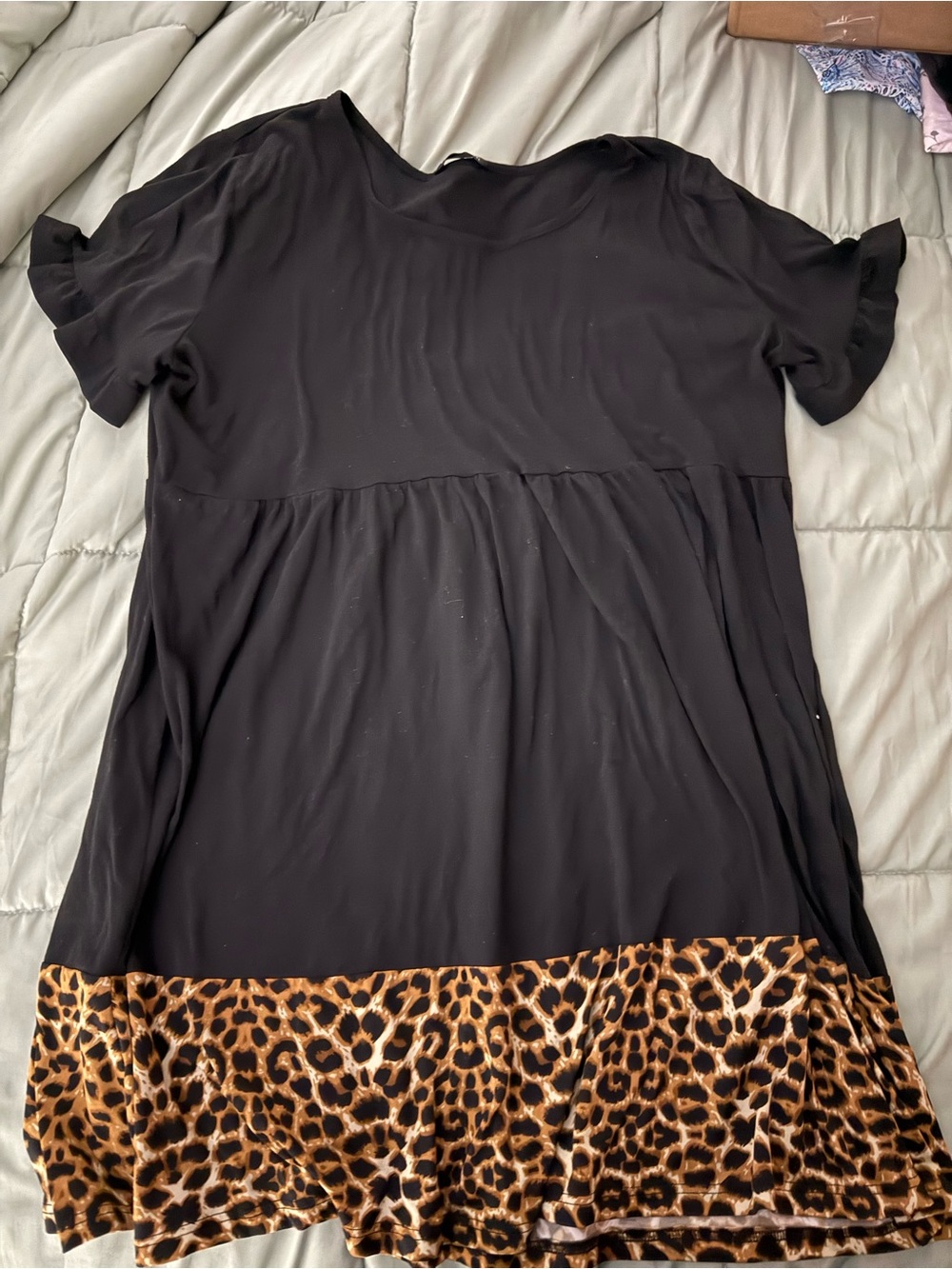 Black Short Sleeve Dress with Leopard Hem -